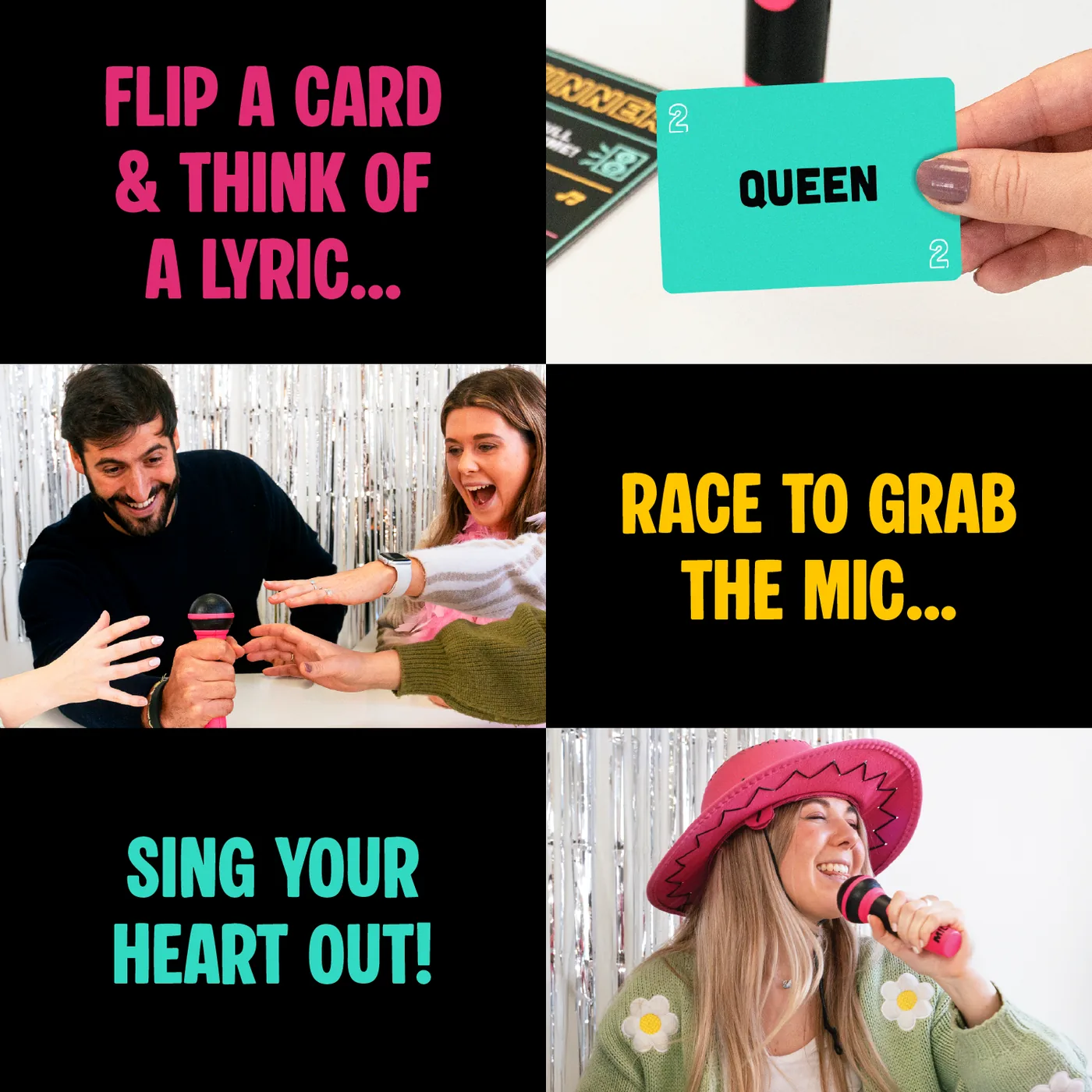 How to play: flip a card, race to grab the mic, sing your heart out